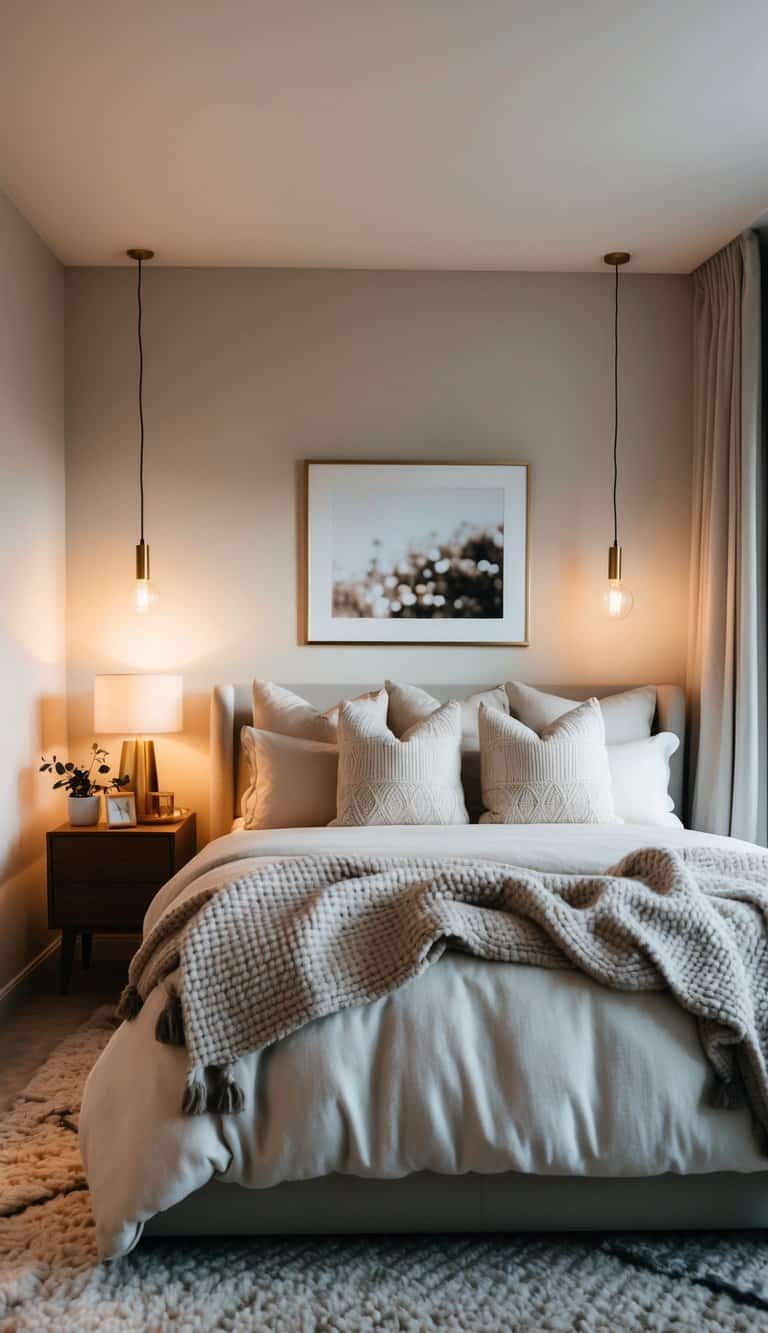 A bedroom with soft, neutral tones, a plush bed with layers of blankets, warm lighting, and cozy decor like pillows and rugs