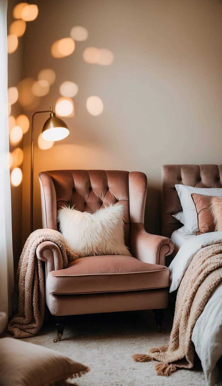 A plush velvet armchair sits in a warm and cozy bedroom, surrounded by soft blankets, fluffy pillows, and warm lighting