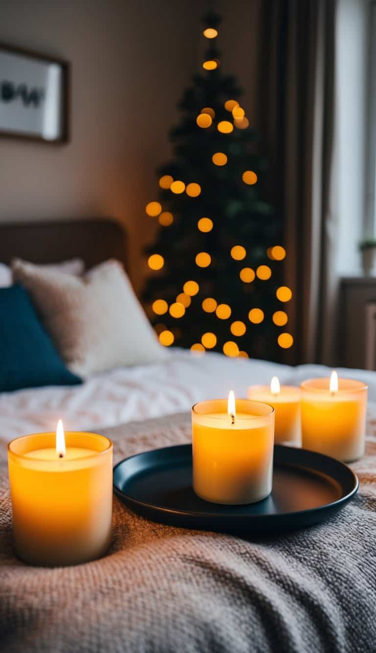 A cozy bedroom with scented soy candles illuminating the room, creating a warm and inviting atmosphere