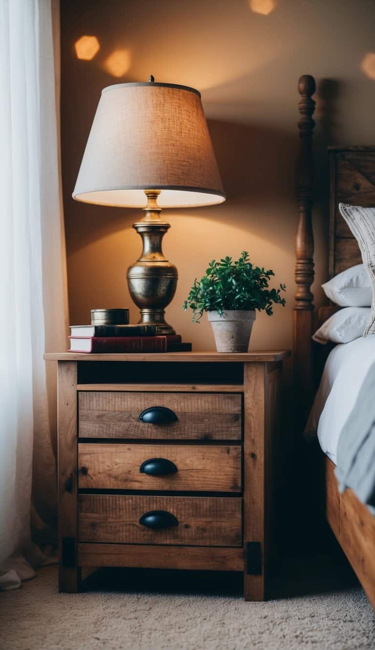 A rustic wood nightstand adorned with a vintage lamp, a stack of books, and a potted plant, set against a warm and cozy bedroom backdrop