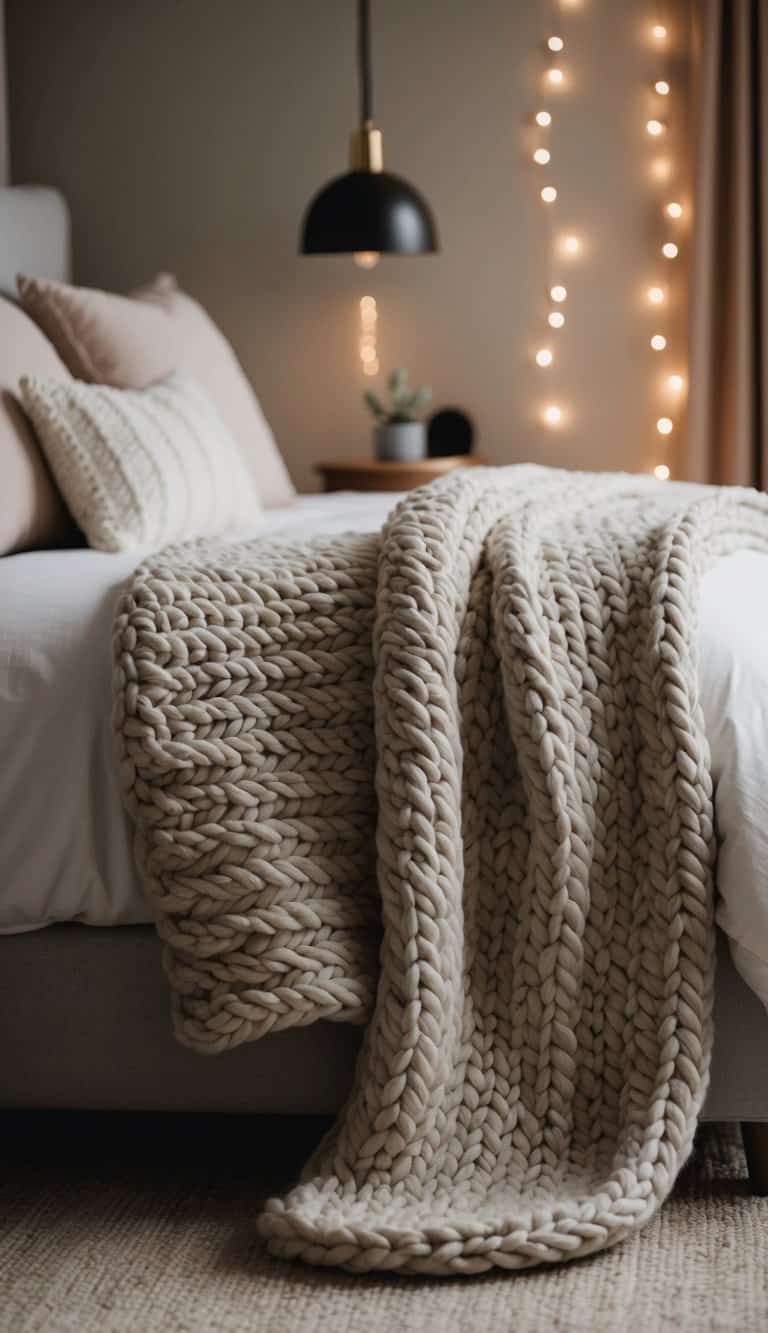 A chunky knit blanket drapes over a bed in a cozy bedroom, surrounded by warm, soft textures and muted, comforting colors