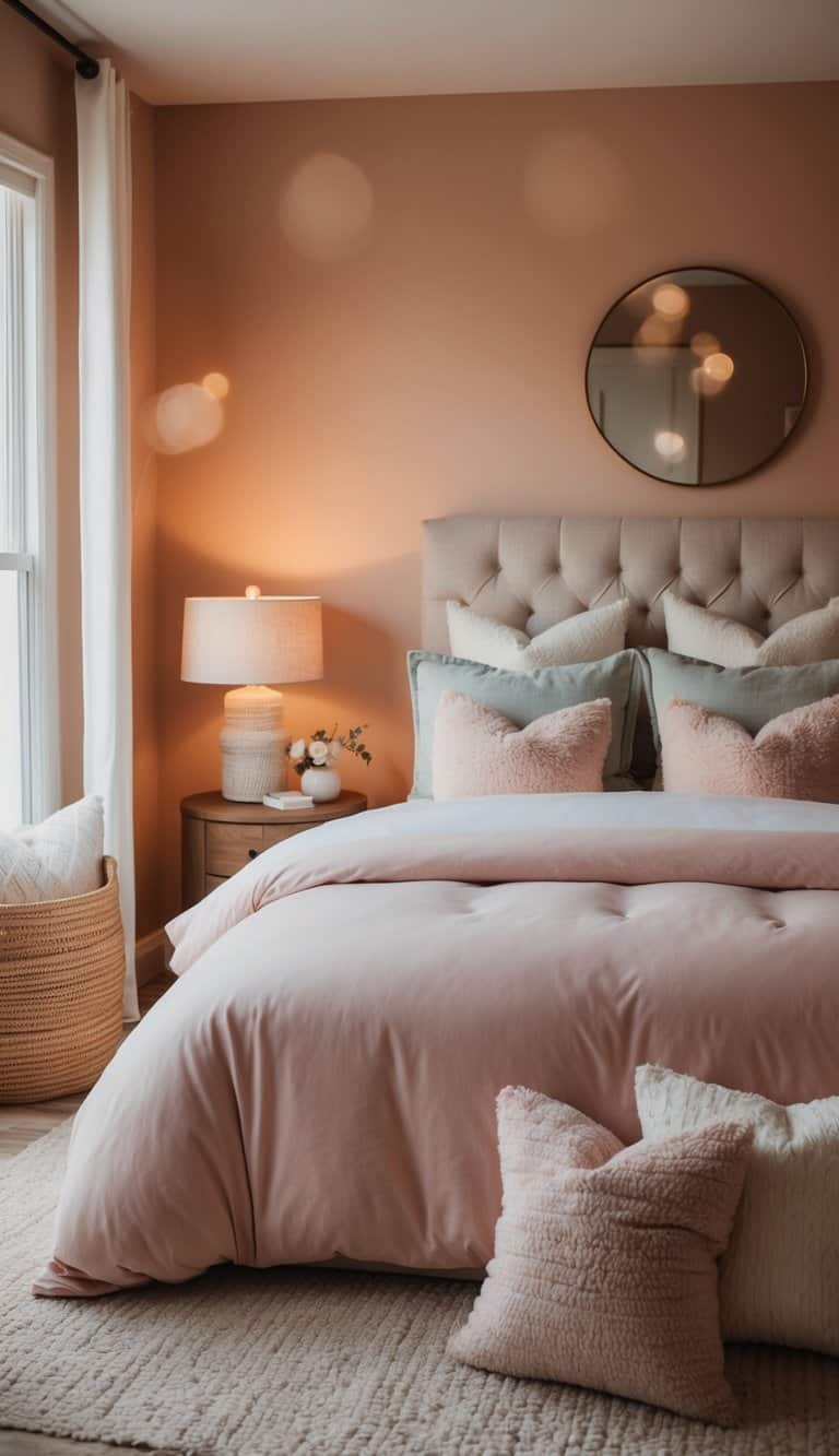 A cozy bedroom with soft pastel bedding, warm lighting, and plush pillows