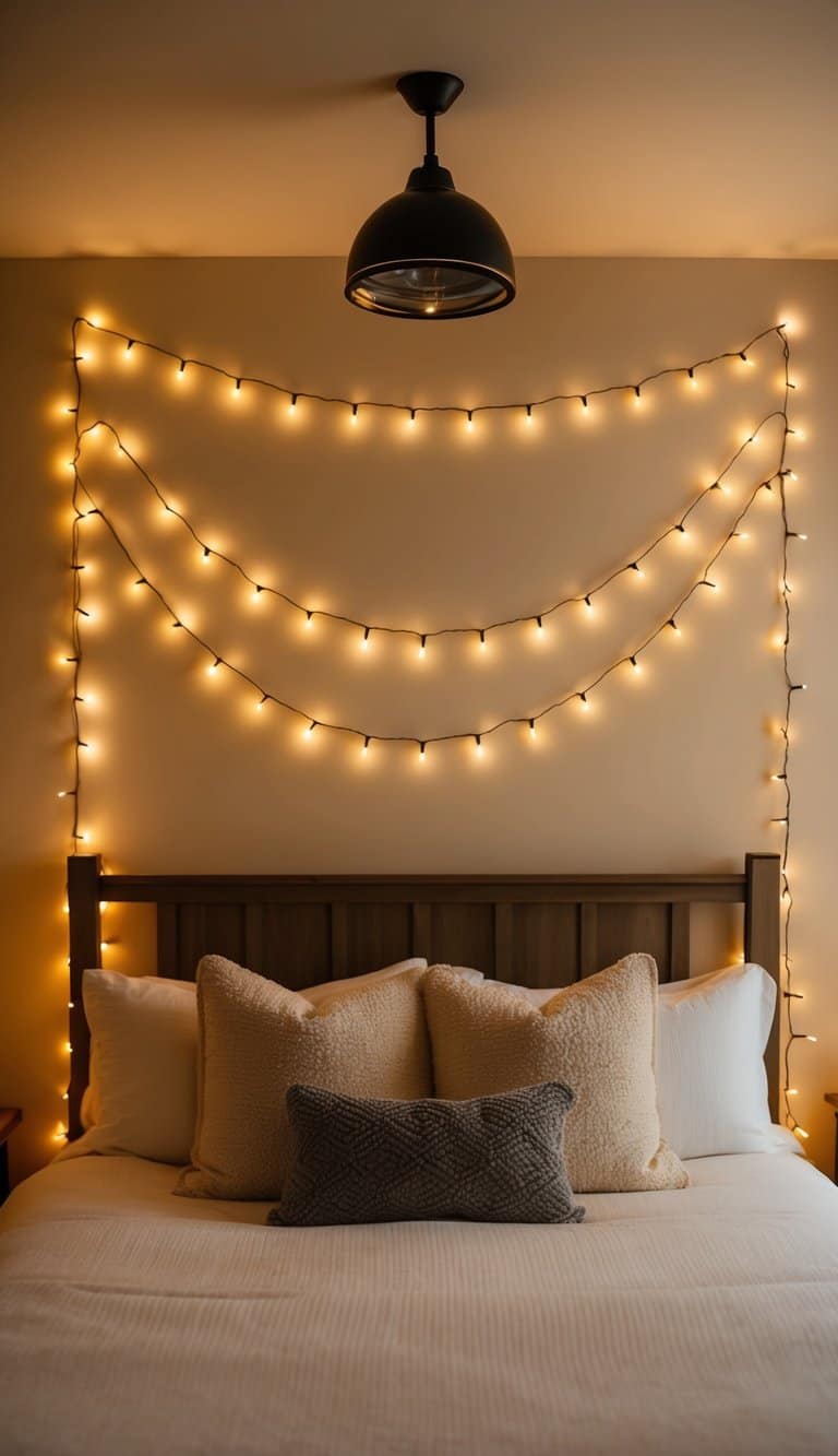 A cozy bedroom with warm fairy lights draped around the headboard and ceiling, creating a soft and inviting atmosphere