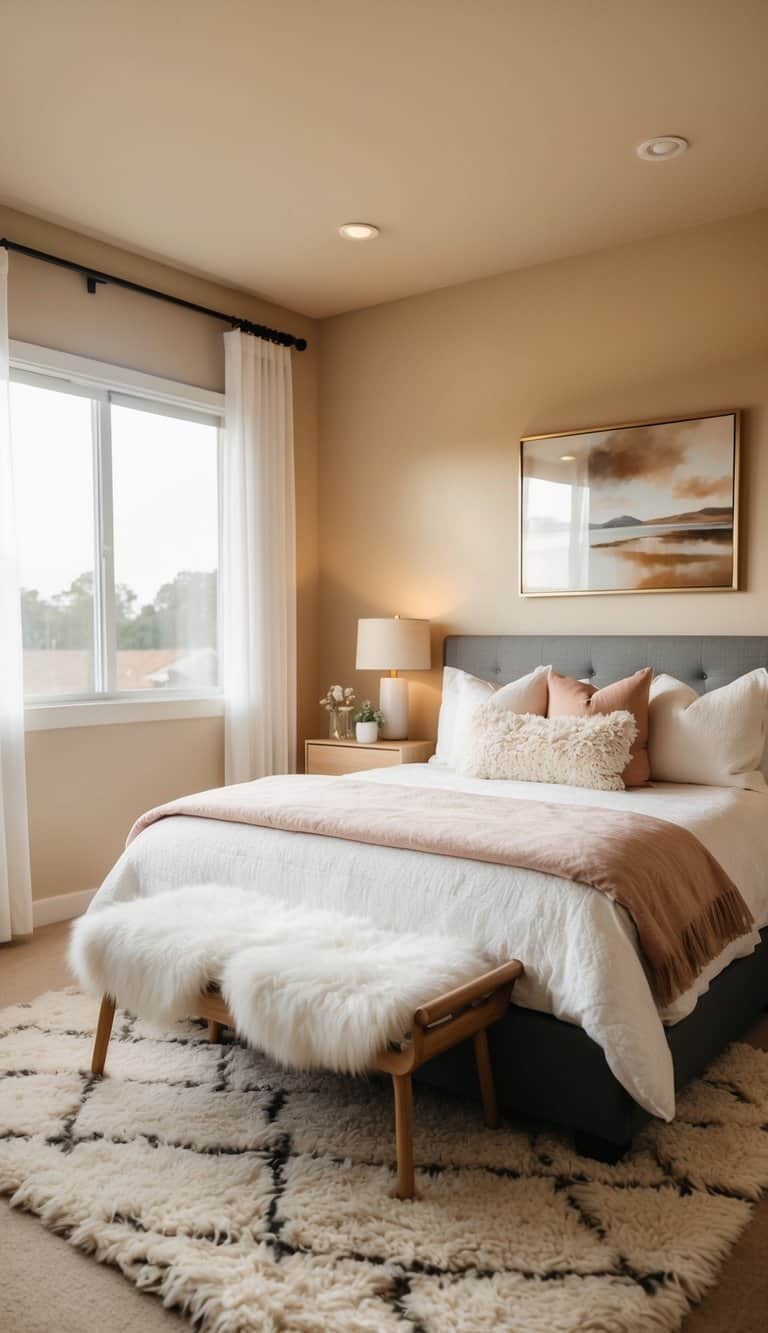 A cozy bedroom with a fluffy area rug, soft lighting, and warm colors