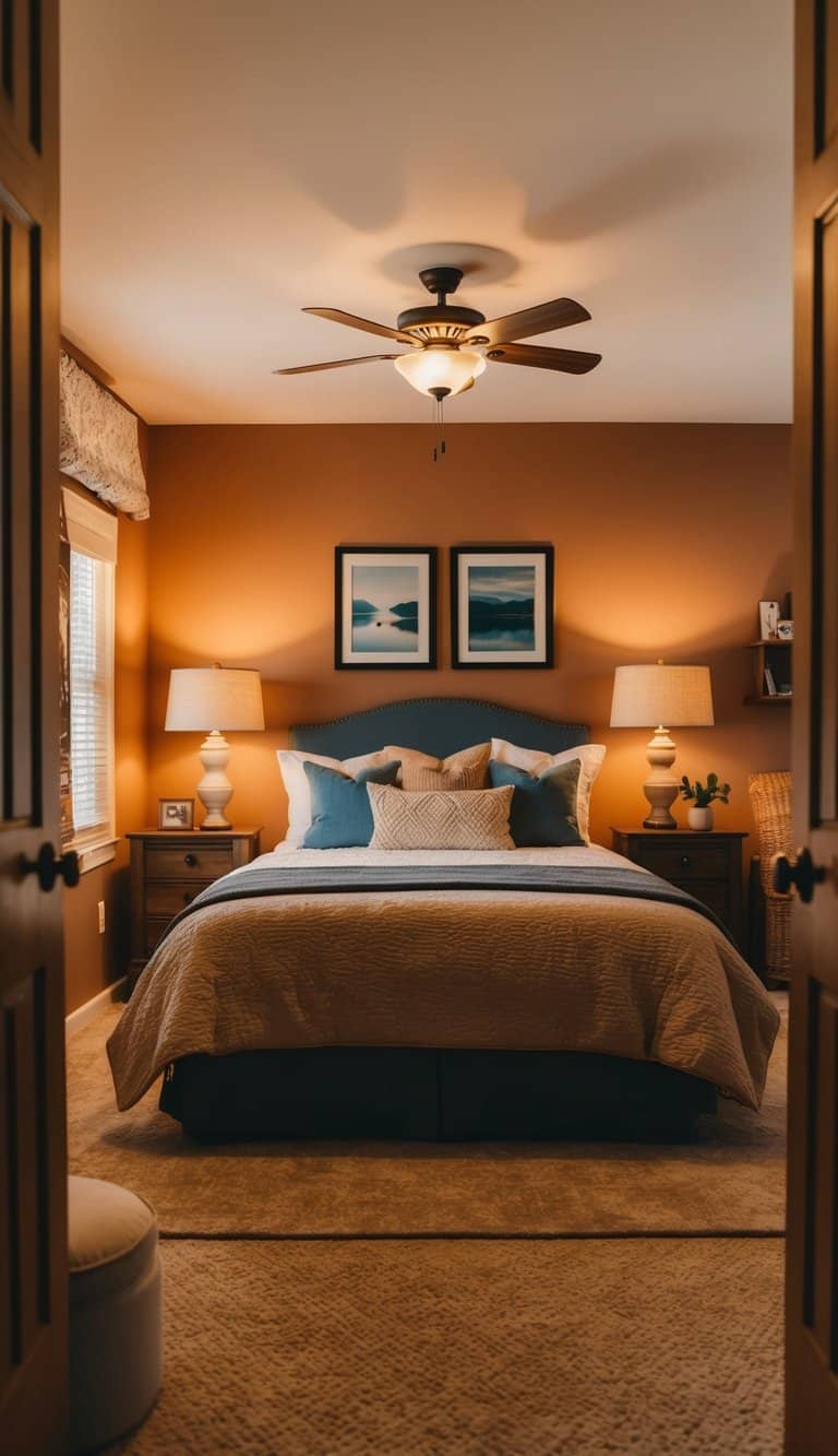 A cozy bedroom with warm lighting from multiple lamps, creating a comfortable and inviting atmosphere