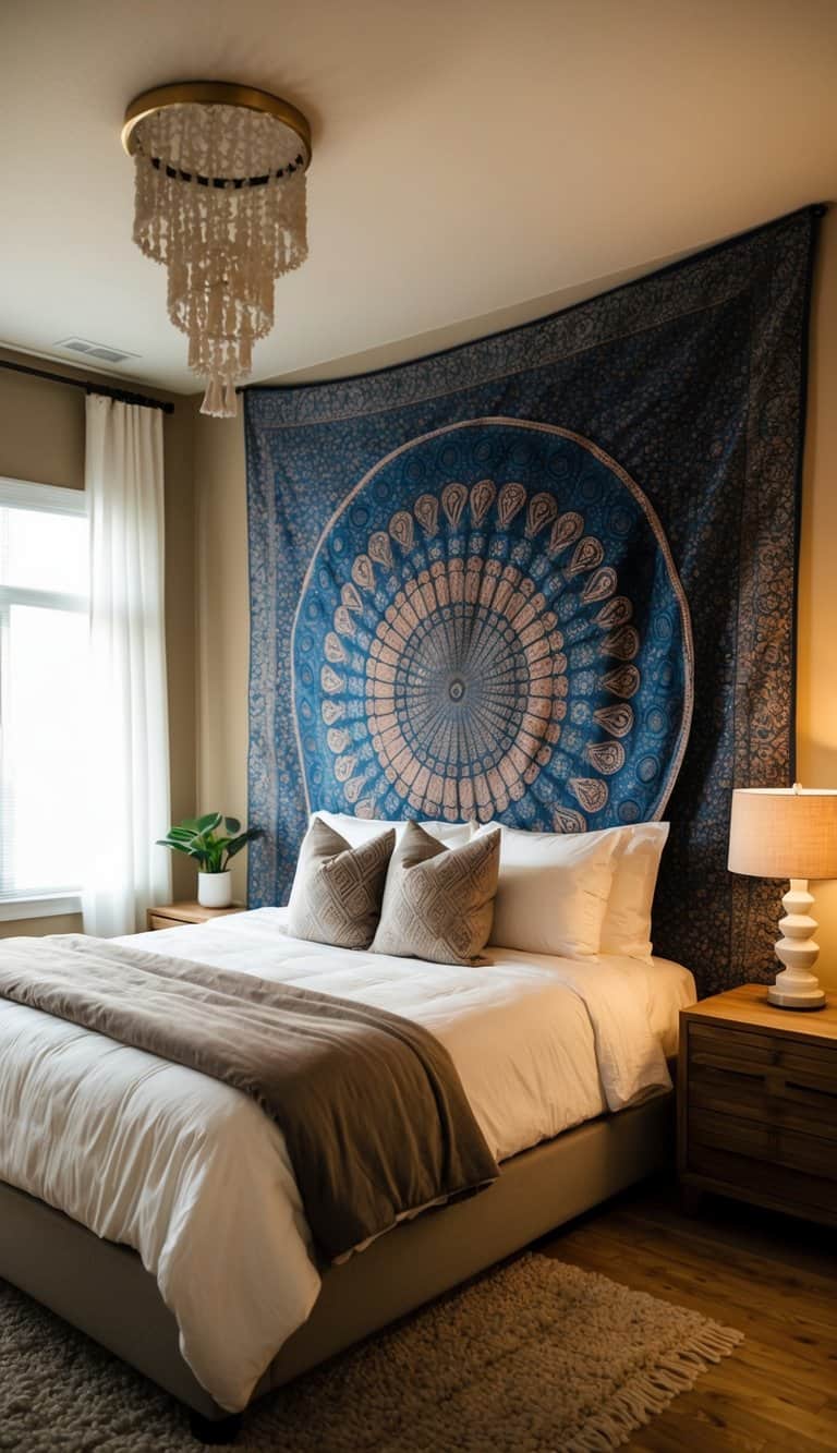 A cozy bedroom with a large decorative wall tapestry, warm lighting, and plush bedding