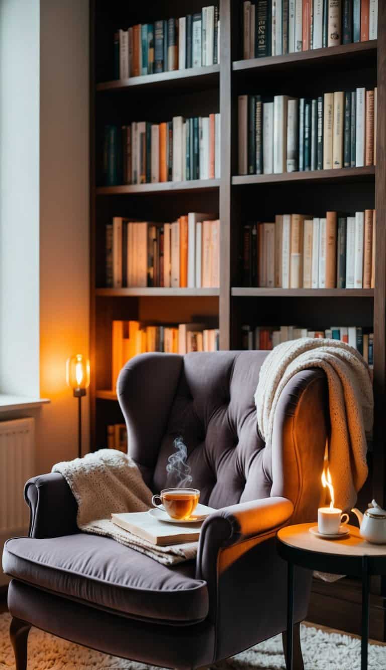 A plush armchair sits next to a bookshelf, surrounded by soft blankets and warm lighting. A steaming cup of tea rests on a small table next to the chair