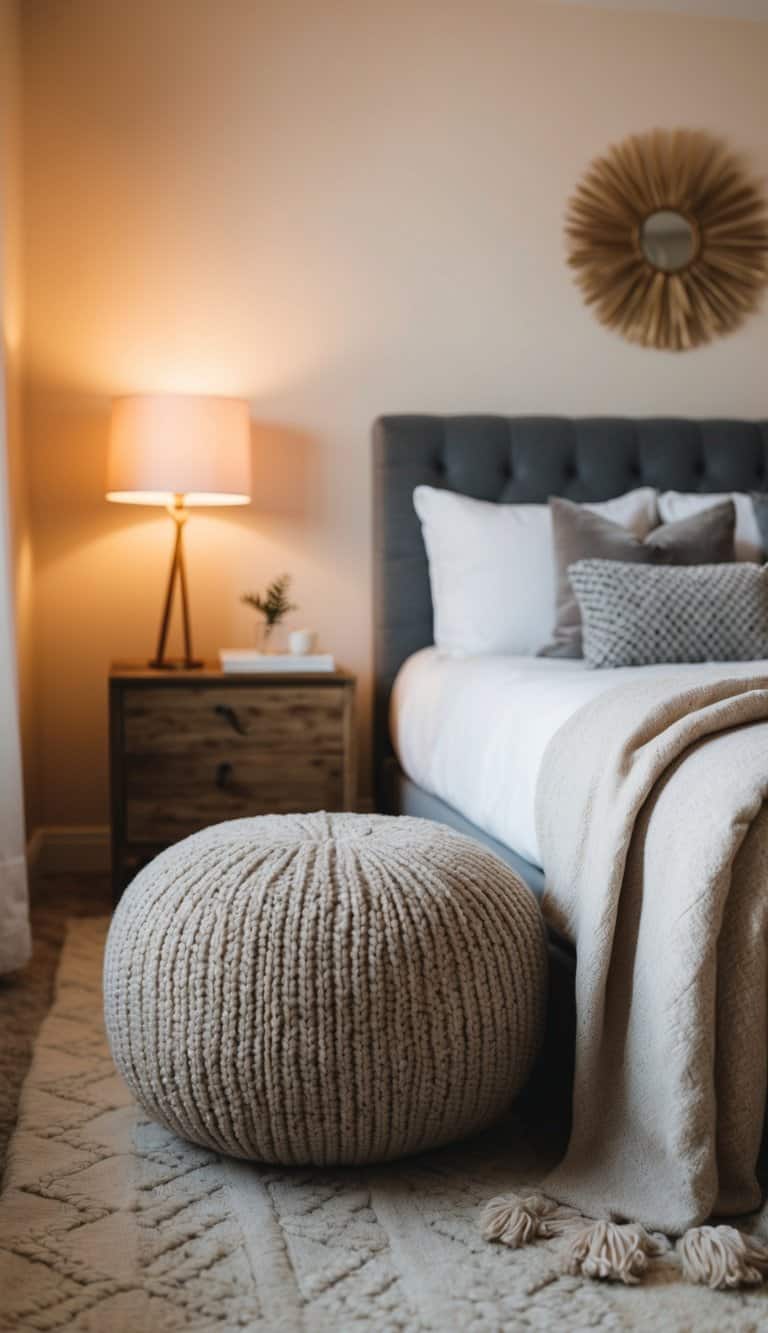 A cozy bedroom with a knitted pouffe, soft blankets, and warm lighting