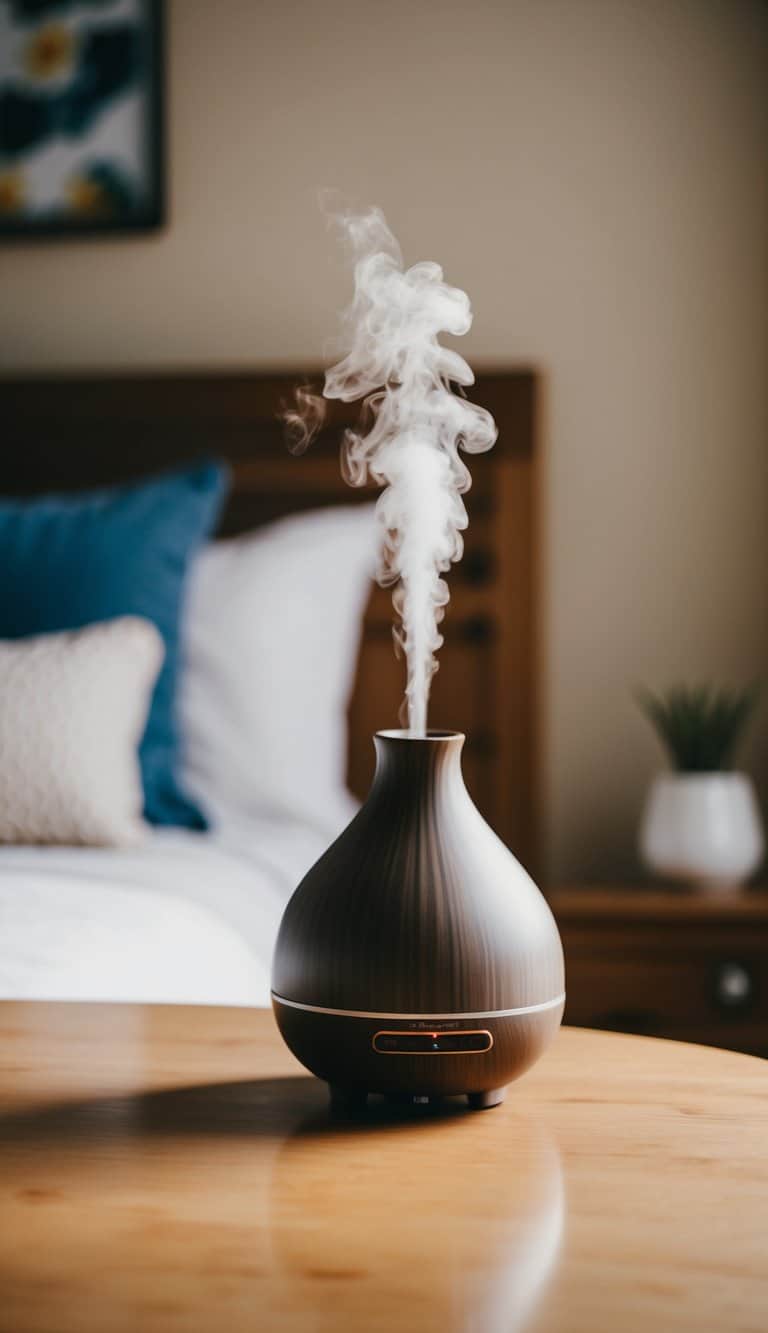 A cozy bedroom with a ceramic aroma diffuser emitting a warm and inviting scent, creating a tranquil and relaxing atmosphere