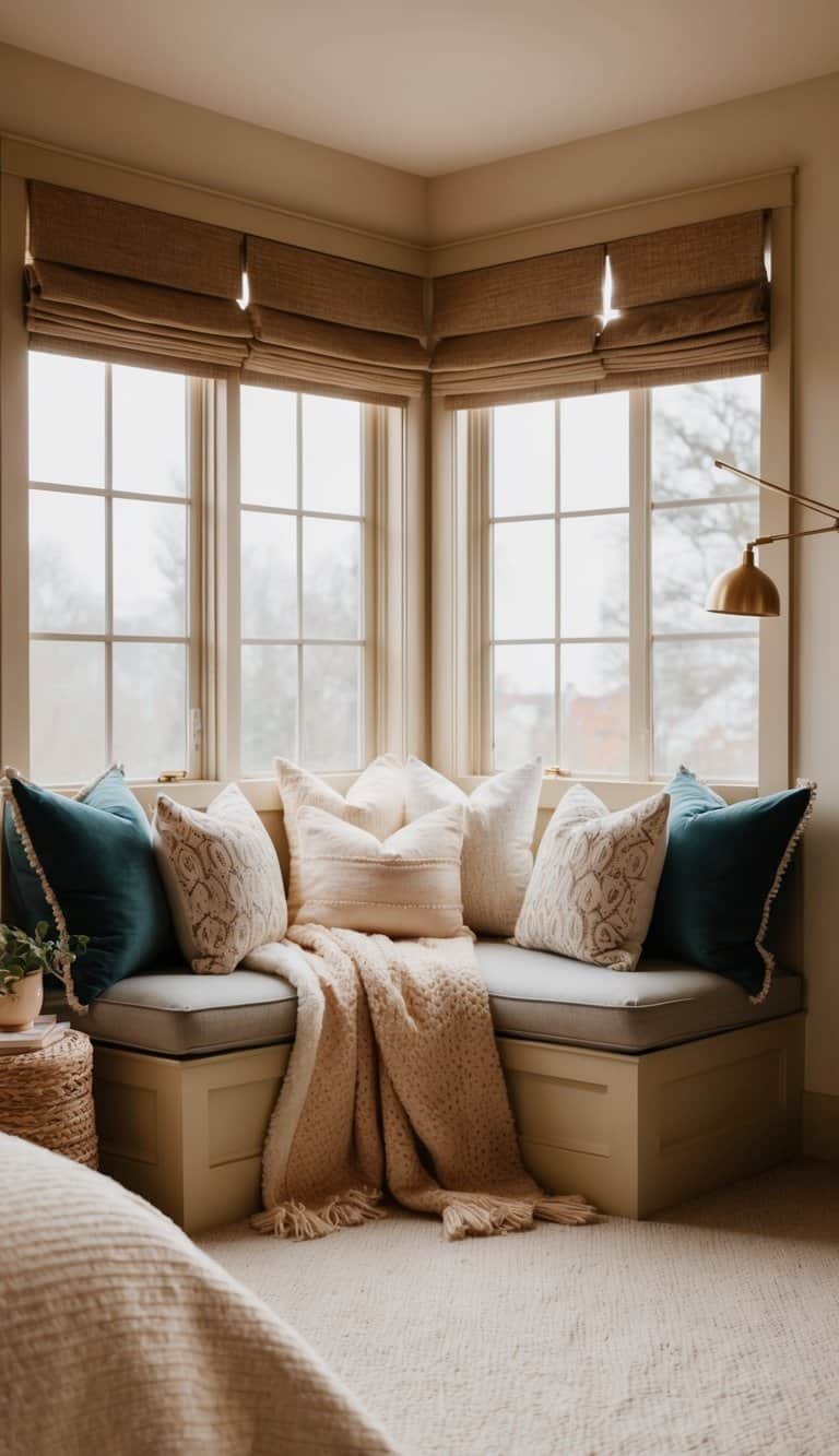 A cozy bedroom with a large window seat, adorned with plush cushions and soft blankets, surrounded by warm and inviting decor