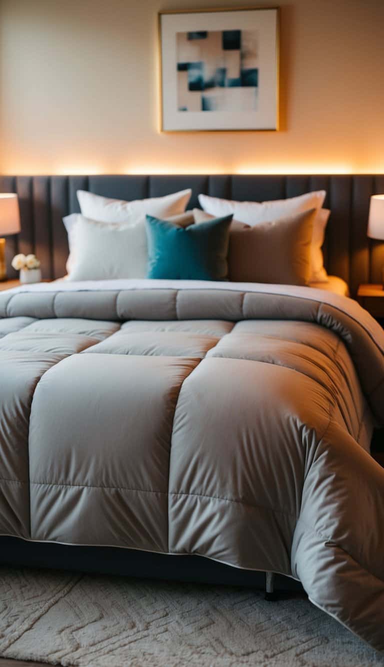 A cozy bedroom with a reversible comforter set on a neatly made bed, surrounded by warm lighting and soft, inviting decor