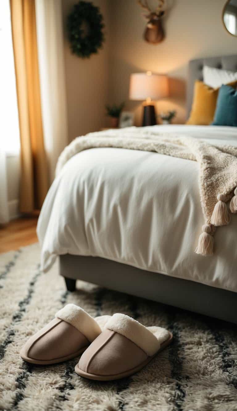 A pair of soft slippers sits on a plush rug in a cozy bedroom with warm lighting and inviting decor