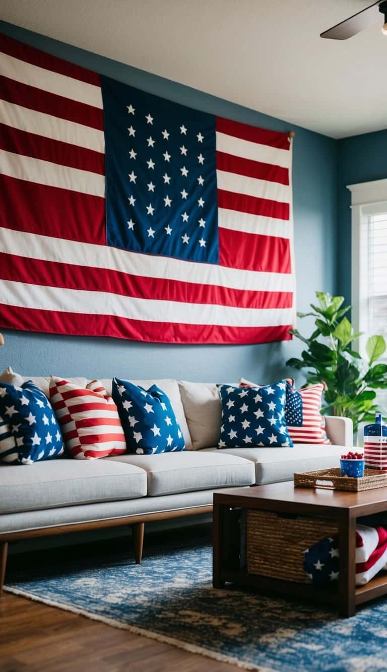 A living room with a large American flag hanging on the wall, patriotic decor, and red, white, and blue color scheme