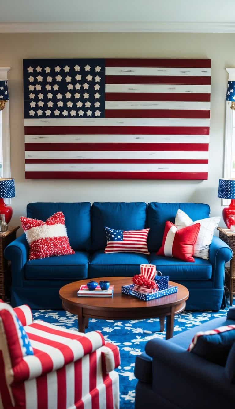 A cozy living room with a large Betsy Ross flag wall art as the focal point, surrounded by patriotic decor and furniture in red, white, and blue