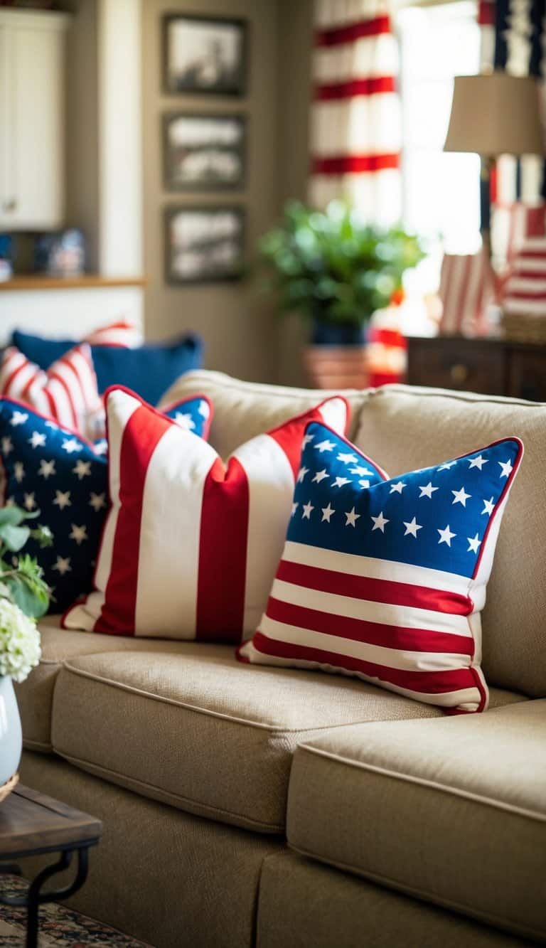 A cozy living room with patriotic accent pillows featuring the Stars and Stripes motif. A warm, inviting space with Americana decor