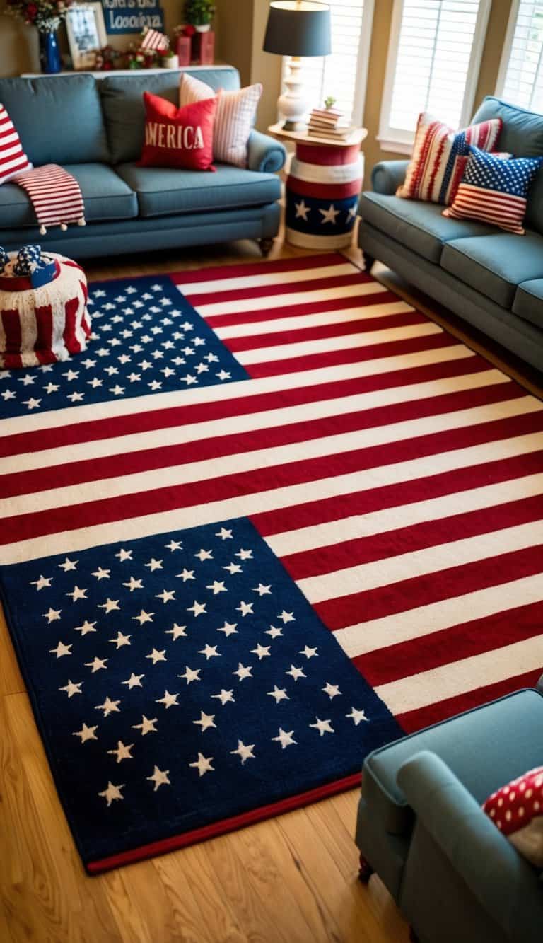 A cozy living room with a large American flag rug as the centerpiece, surrounded by patriotic decor and furniture