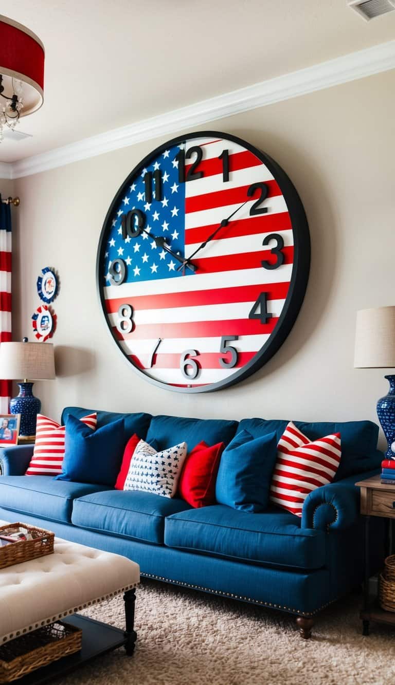 A living room with a large patriotic wall clock featuring the American flag as the centerpiece. Red, white, and blue decor accents throughout the room