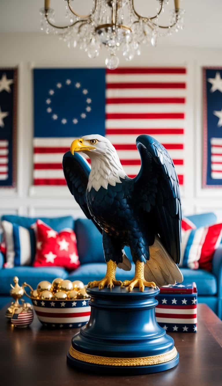 A regal eagle statue stands as the centerpiece in a patriotic American living room, surrounded by decor honoring the stars and stripes