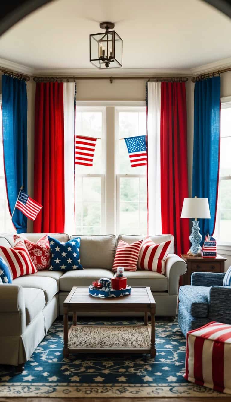 A cozy living room with red, white, and blue curtains, adorned with patriotic decor and American flag motifs