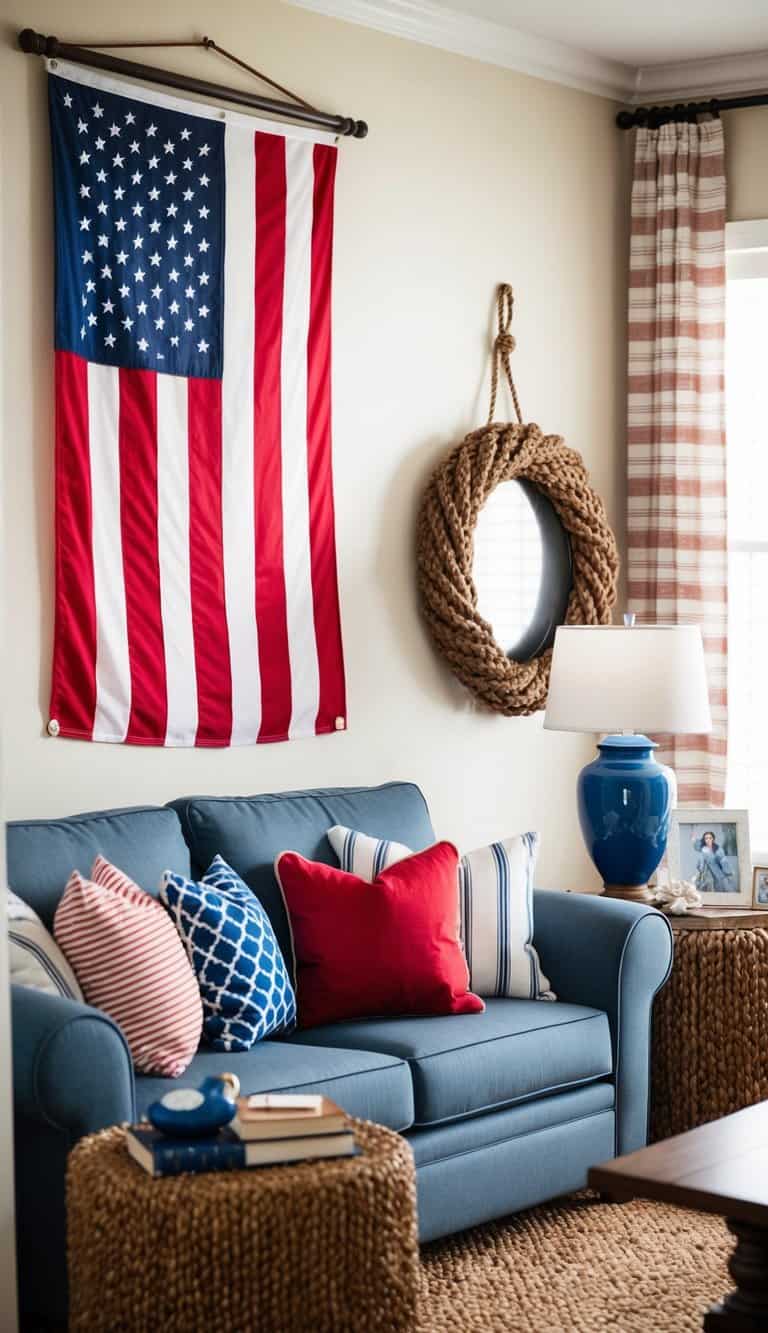 A cozy living room with nautical decor, featuring an American flag prominently displayed as a patriotic focal point