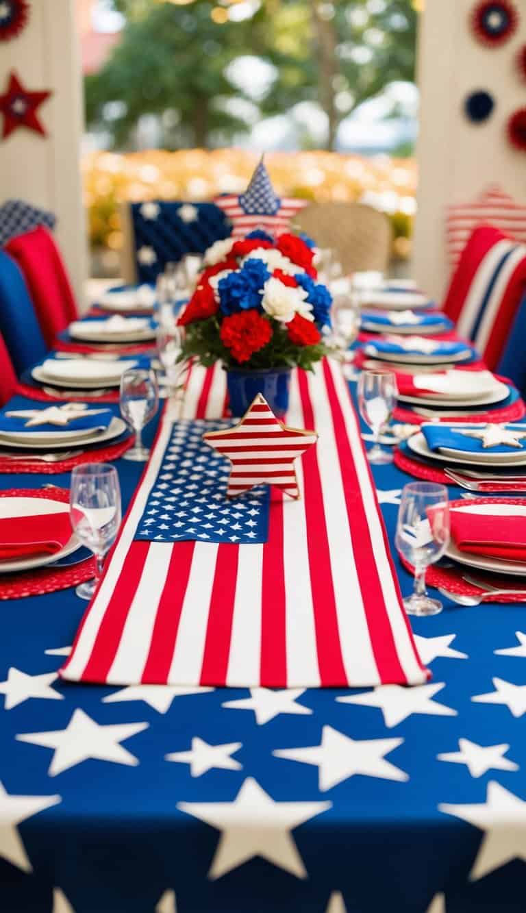 A table with a flag-themed runner, surrounded by patriotic decor and American symbols