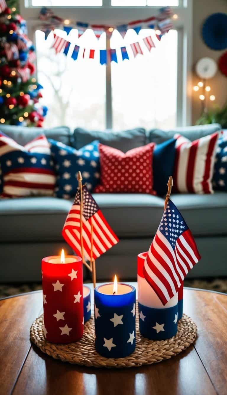 A cozy living room with patriotic-themed candle holders, adorned with American flags and other red, white, and blue decor