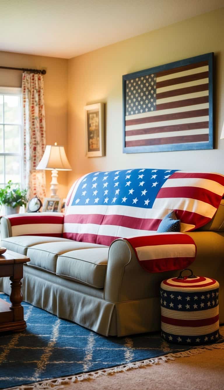 A cozy living room with a large American flag-themed sofa slipcover, patriotic decor, and warm lighting