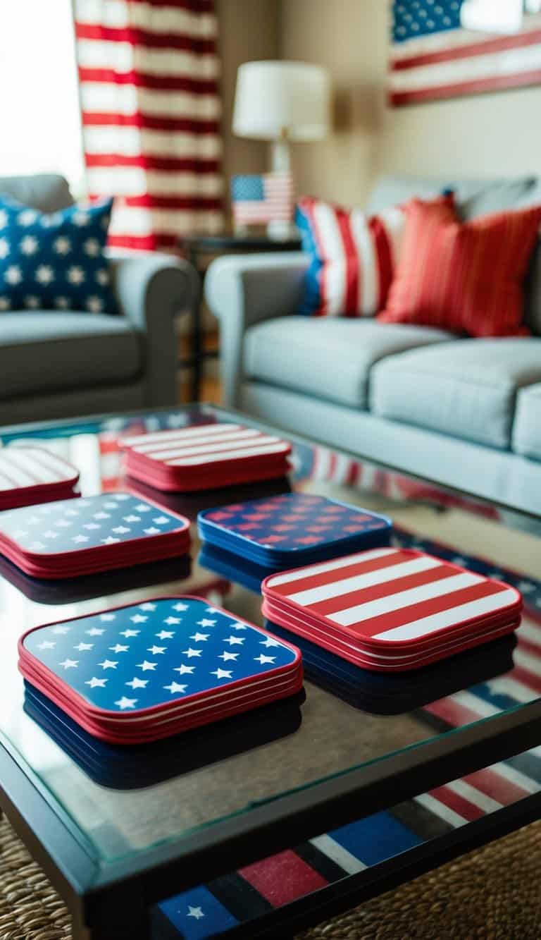 A set of flag coasters arranged on a coffee table in a patriotic American living room, with the stars and stripes theme evident in the decor