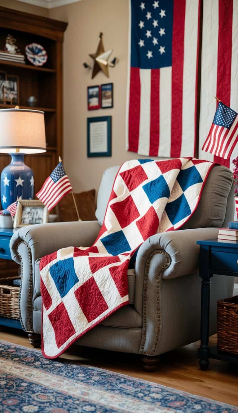 A cozy living room with a patriotic quilt throw draped over a comfortable armchair, surrounded by American flag decor and patriotic accents