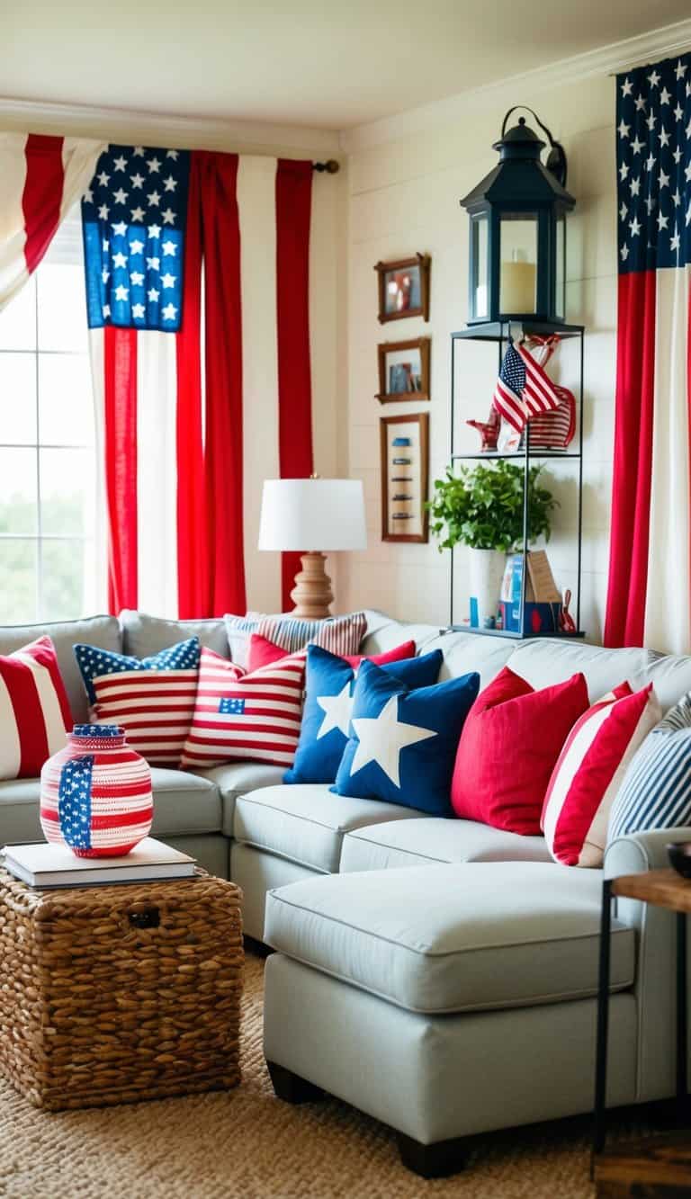 A cozy living room adorned with patriotic flag lanterns and American-themed decor