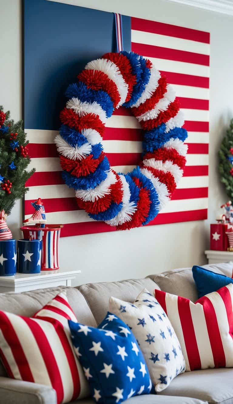 A festive red, white, and blue wreath hangs on a patriotic American living room wall, surrounded by decor that honors the stars and stripes