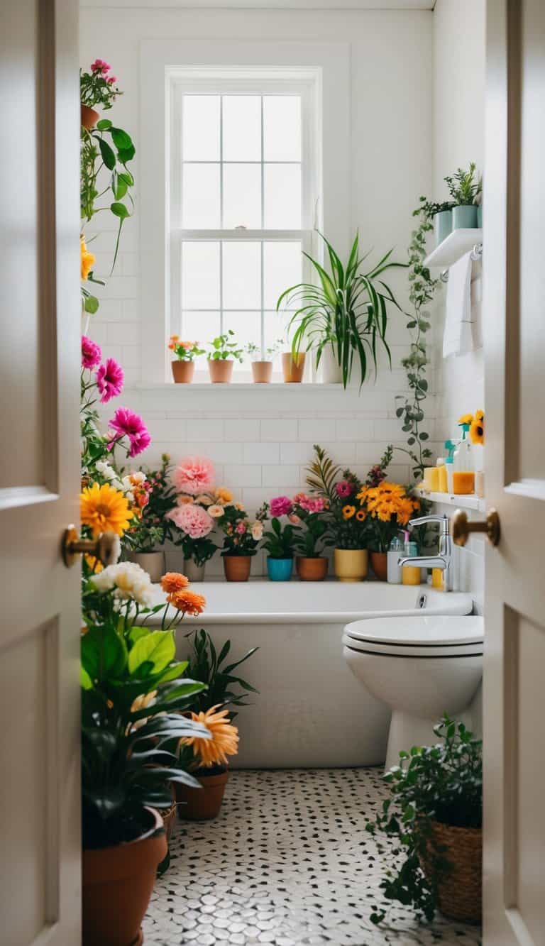 A bathroom filled with colorful flowers and plants, adding a touch of natural beauty and elegance to the space