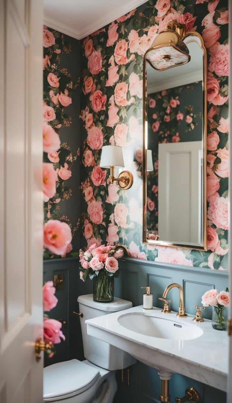 A luxurious bathroom with rose-petal wallpaper, filled with blooming floral decor and stylish fixtures