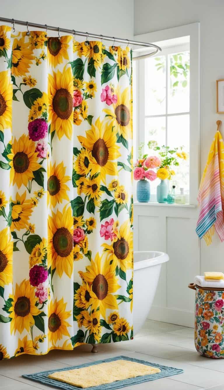 A sunflower shower curtain hangs in a bright, floral bathroom with colorful blooms and stylish decor