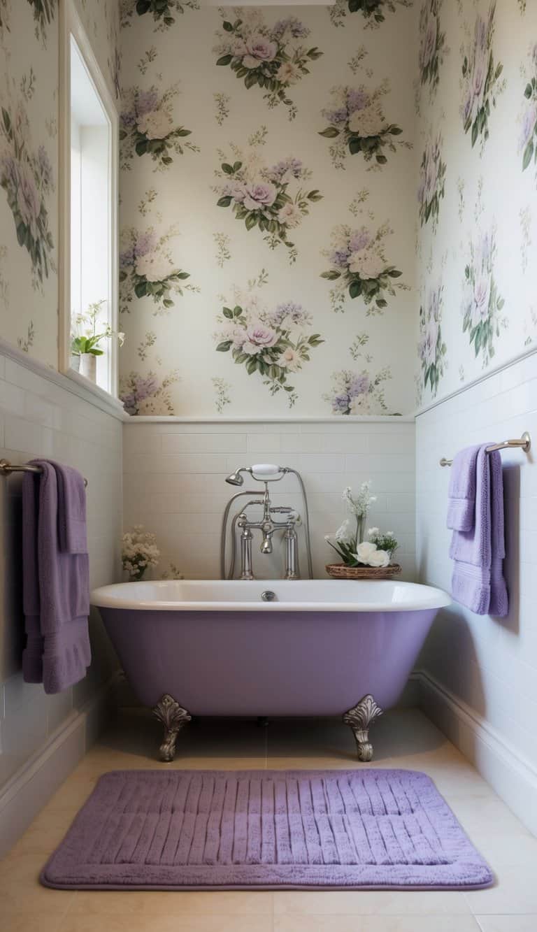 A serene bathroom with a lavender bath mat, surrounded by blooming floral wallpaper and accents, evoking a sense of tranquility and elegance