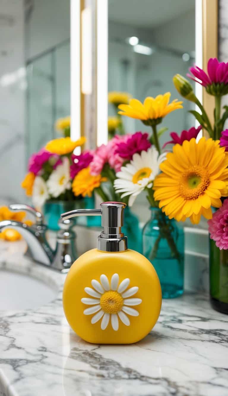 A daisy-shaped soap dispenser sits on a marble countertop in a stylish, floral-themed bathroom. Bright, colorful blooms adorn the space, adding a touch of natural beauty
