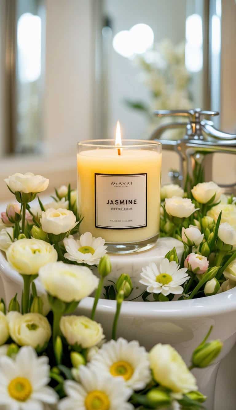A luxurious bathroom with a jasmine scented candle surrounded by 24 stunning floral arrangements in full bloom