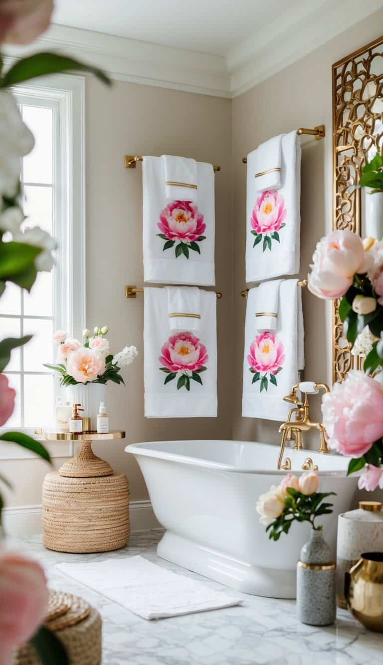A luxurious bathroom with peony-patterned towels, surrounded by beautiful floral decor and stylish accessories
