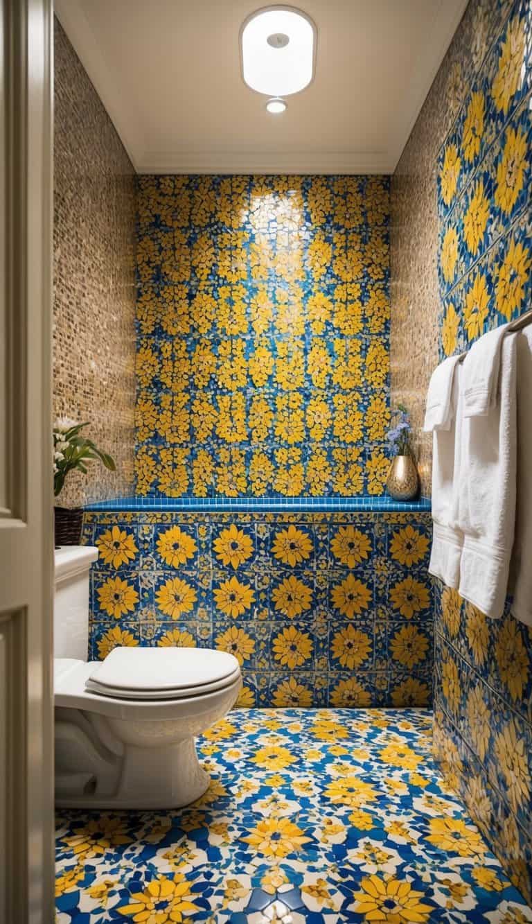 A bathroom with floral mosaic tiles covering the walls and floors, creating a vibrant and colorful atmosphere