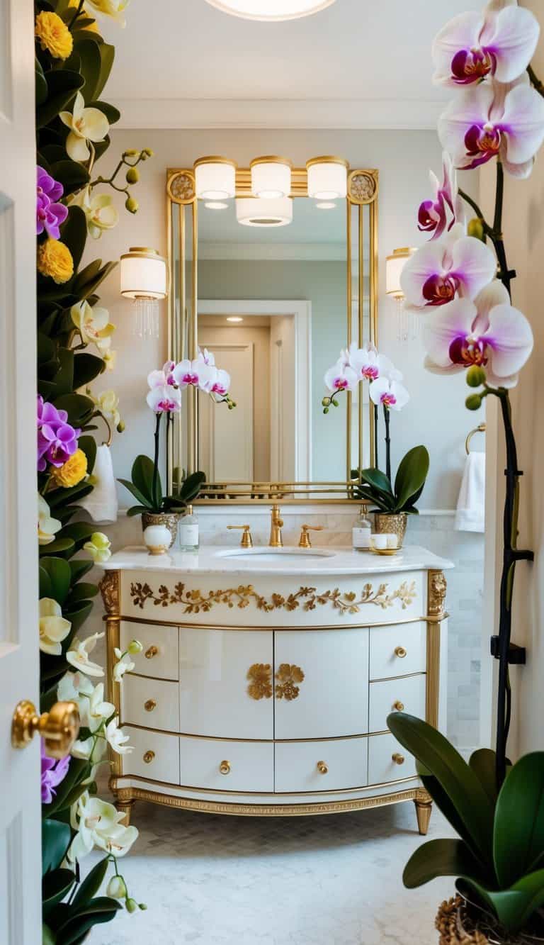 A luxurious bathroom with an orchid-themed vanity set, surrounded by blooming floral accents and stylish decor
