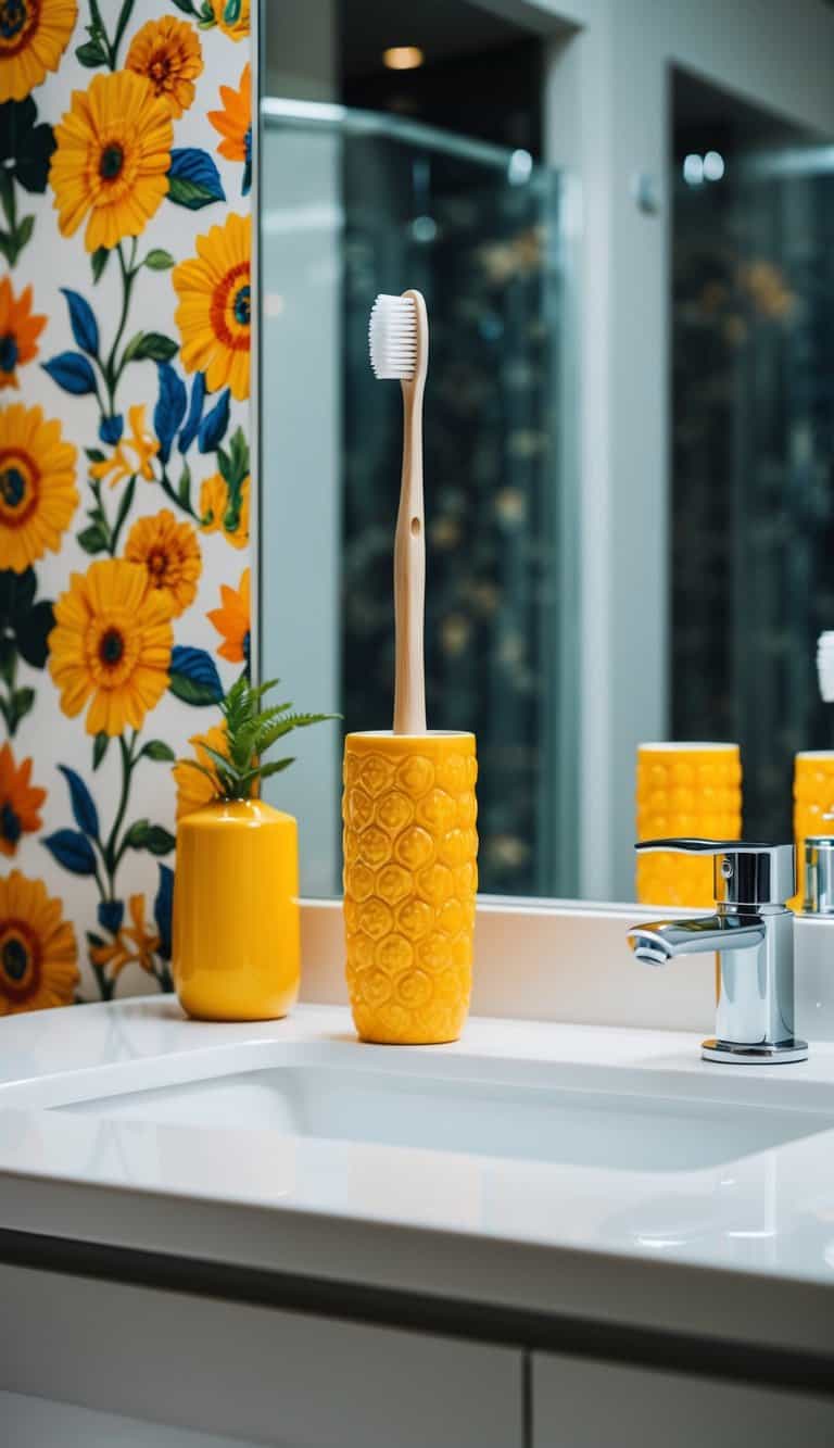 A marigold toothbrush holder sits on a sleek bathroom counter, surrounded by vibrant floral patterns and stylish decor