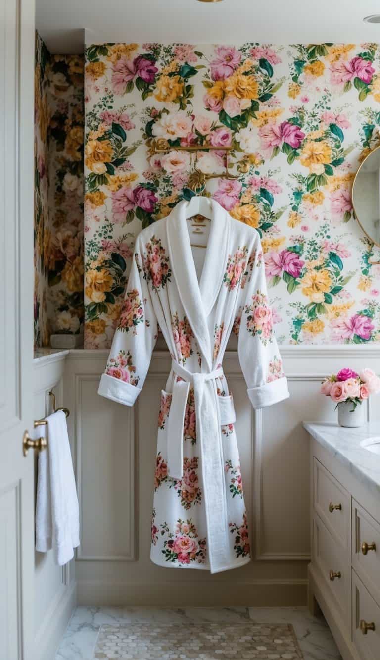 A luxurious bathroom with a blossoming floral bathrobe hung on a hook, surrounded by vibrant floral wallpaper and decor