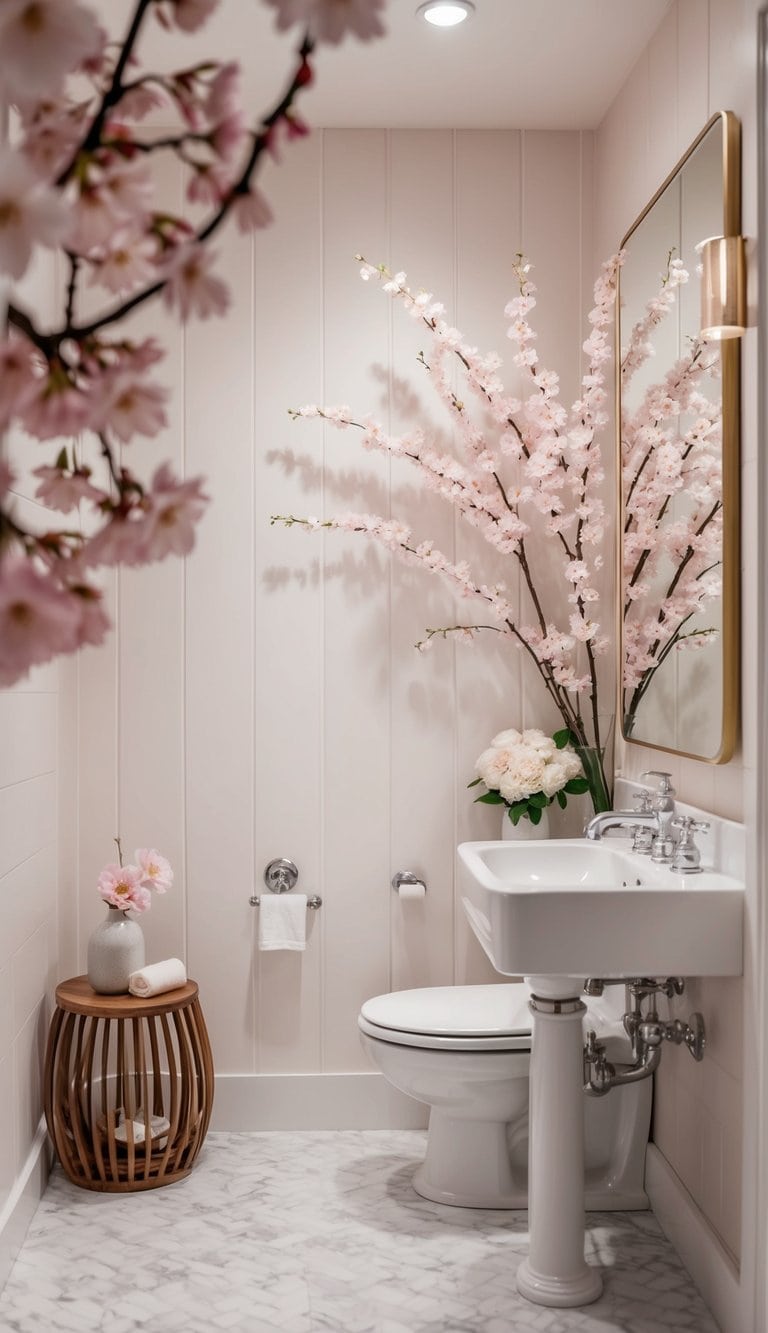 A serene bathroom with cherry blossom wall art, delicate flowers, and stylish decor