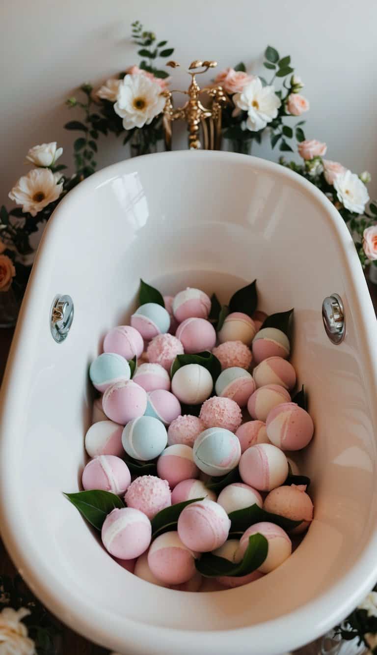 A luxurious bathtub filled with Gardenia Bath Bombs surrounded by blooming floral decor