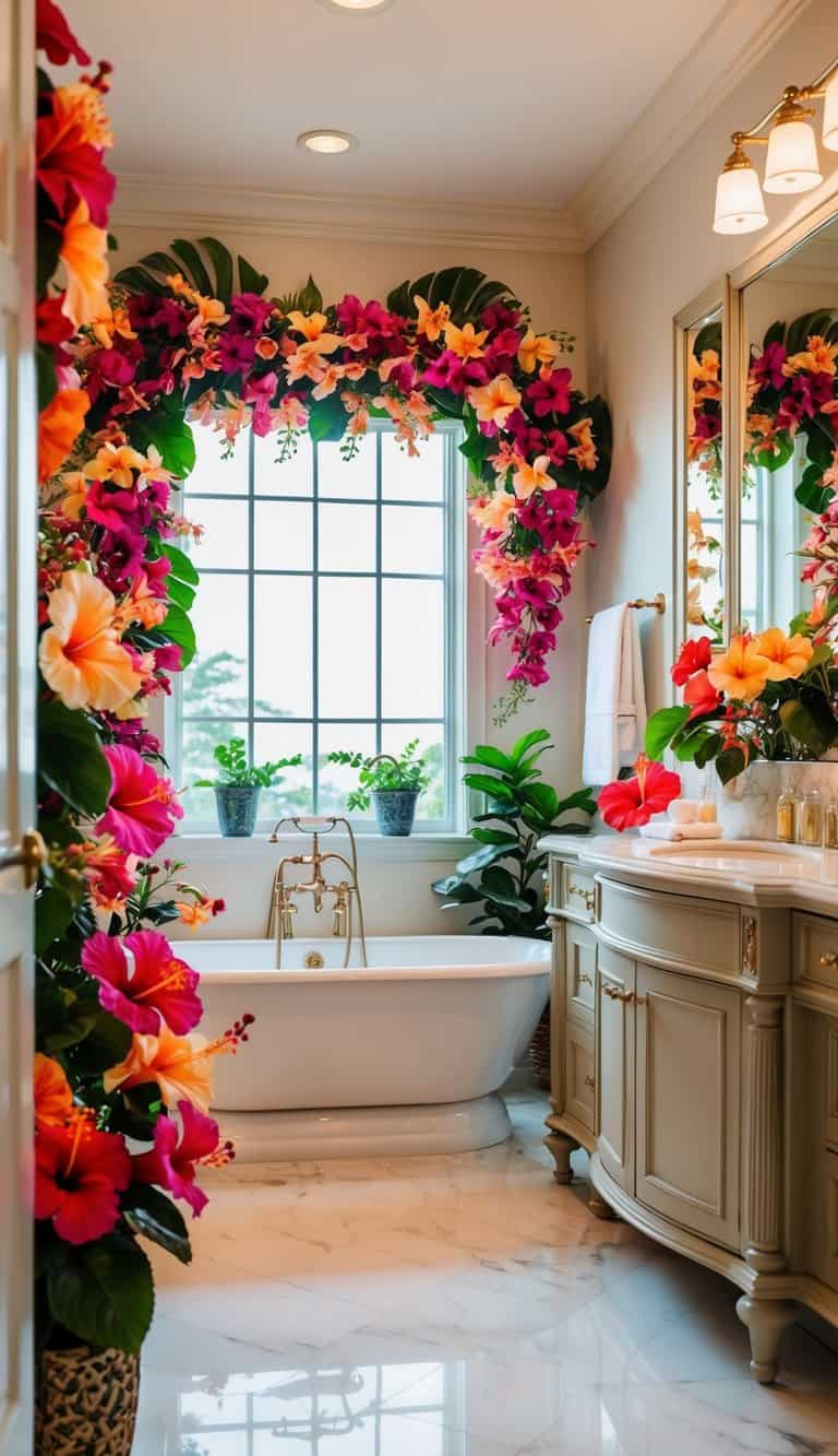 A luxurious bathroom filled with vibrant hibiscus flowers and elegant floral decor