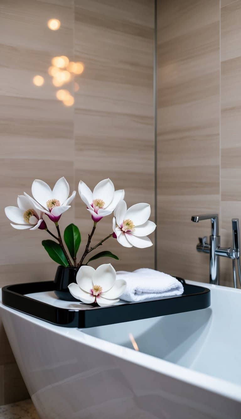 A luxurious bath tray adorned with blooming magnolia flowers sits on the edge of a sleek bathtub in a modern, stylish bathroom