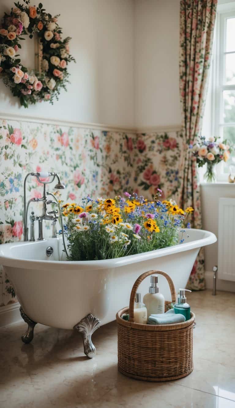 A bathtub filled with wildflowers, surrounded by a caddy holding bath essentials, set in a beautifully decorated floral bathroom