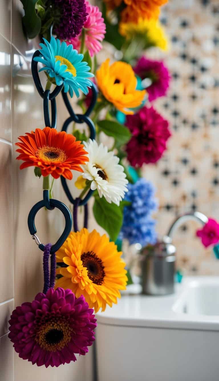 A variety of colorful and vibrant flowers adorning shower hooks in a stylish bathroom setting