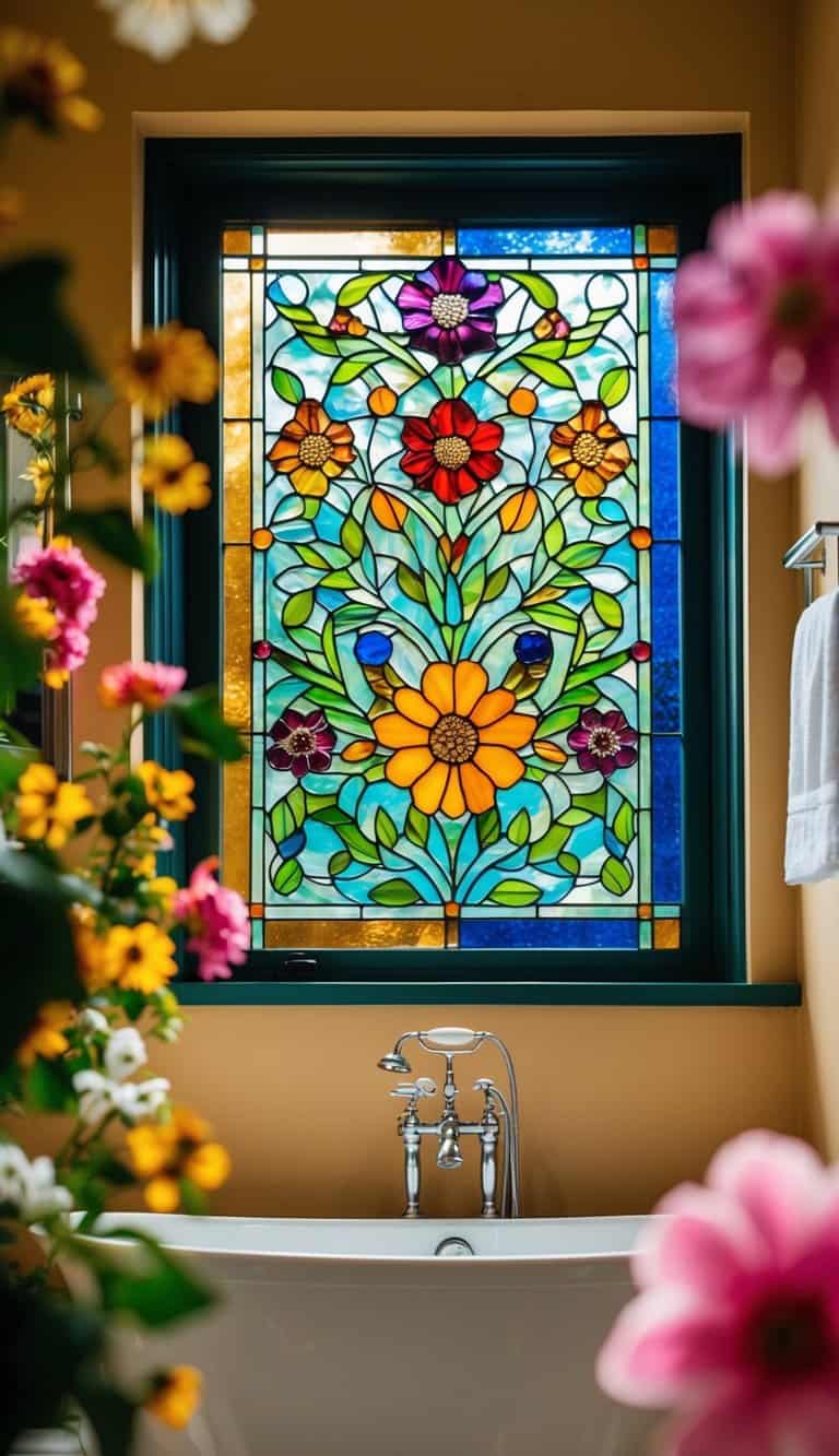 A colorful stained glass window with intricate floral patterns, casting vibrant reflections across a stylish, blooming bathroom