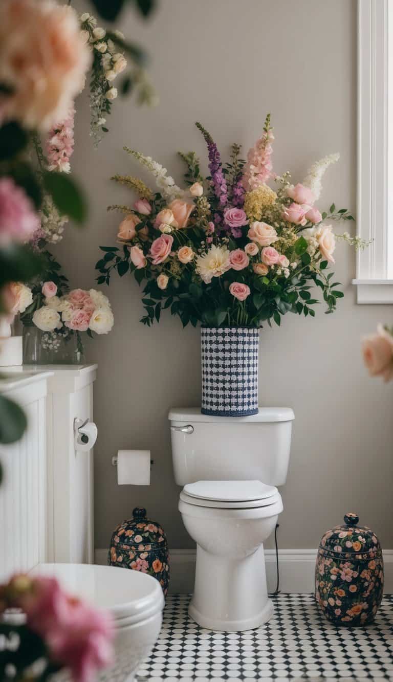 A bathroom with a bouquet toilet roll holder surrounded by gorgeous floral decor, creating a stylish and blooming atmosphere